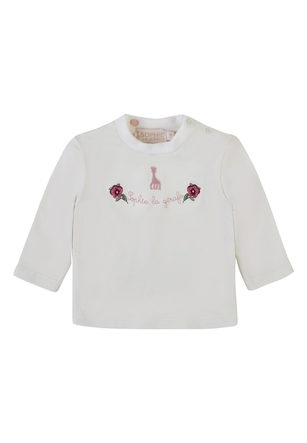 Pull manches longues écru, brodé 2 roses et Sophie la Girafe