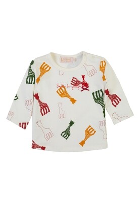 Pull manches longues écru, imprimé Sophie la Girafe en jaune, rouge et vert