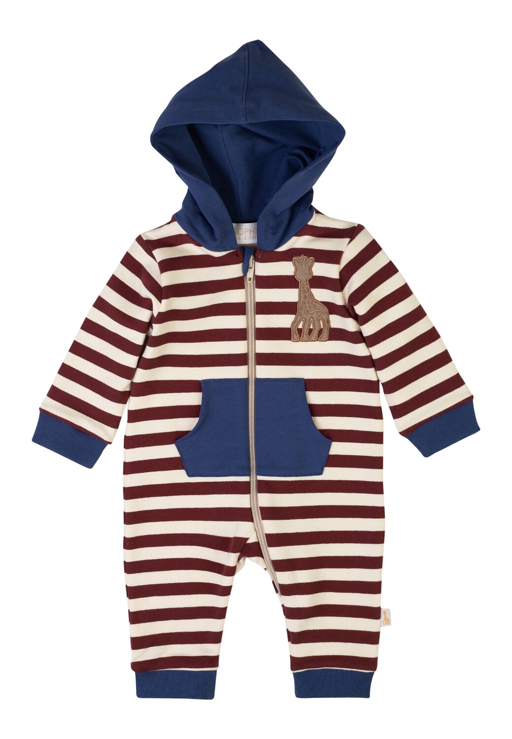 Combinaison rayée avec capuchon et poche centrale, couleur chocolat avec détail bleu jeans, Sophie la Girafe
