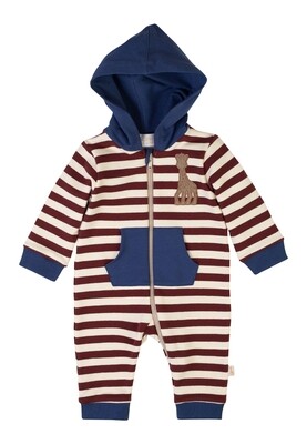 Combinaison rayée avec capuchon et poche centrale, couleur chocolat avec détail bleu jeans, Sophie la Girafe