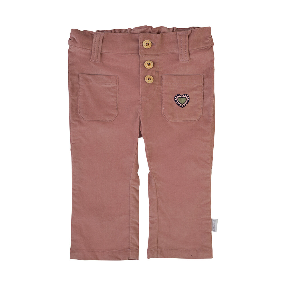Pantalon velours rose poudré avec petit coeur brodé sur la poche avant, pattes d'éléphant