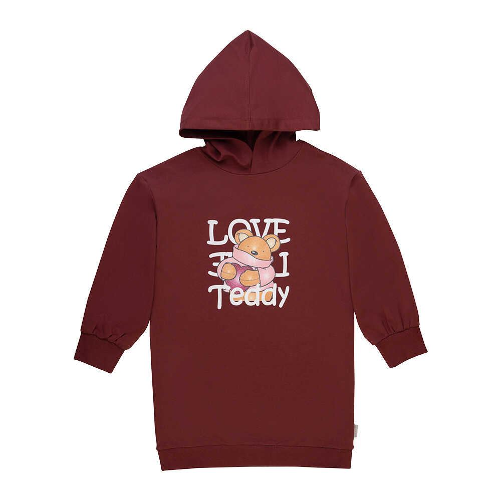 Long pull épais avec capuchon, couleur aubergine, imprimé ours serrant un coeur, love Teddy, avec paillettes