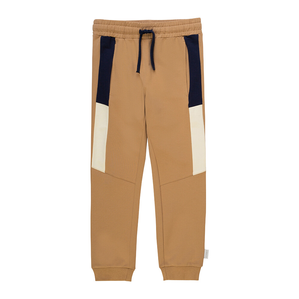 Pantalon de jogging en jersey, couleur beige sépia avec bandes marine et écru, taille élastique avec ficelle, avec 2 poches
