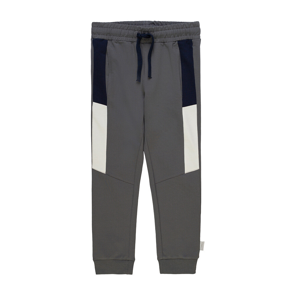 Pantalon de jogging en jersey, couleur gris ardoise avec bandes marine et écru, taille élastique avec ficelle, avec 2 poches