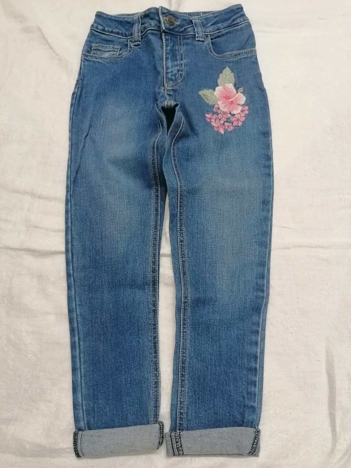 Jeans 5 poches brodé fleur tropicale