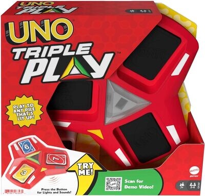 Mattel Games UNO Triple Play, jeu de société et de 112 cartes avec unité de jeu émettant des lumières et des sons, 2 à 6 joueurs, dès 7 ans
