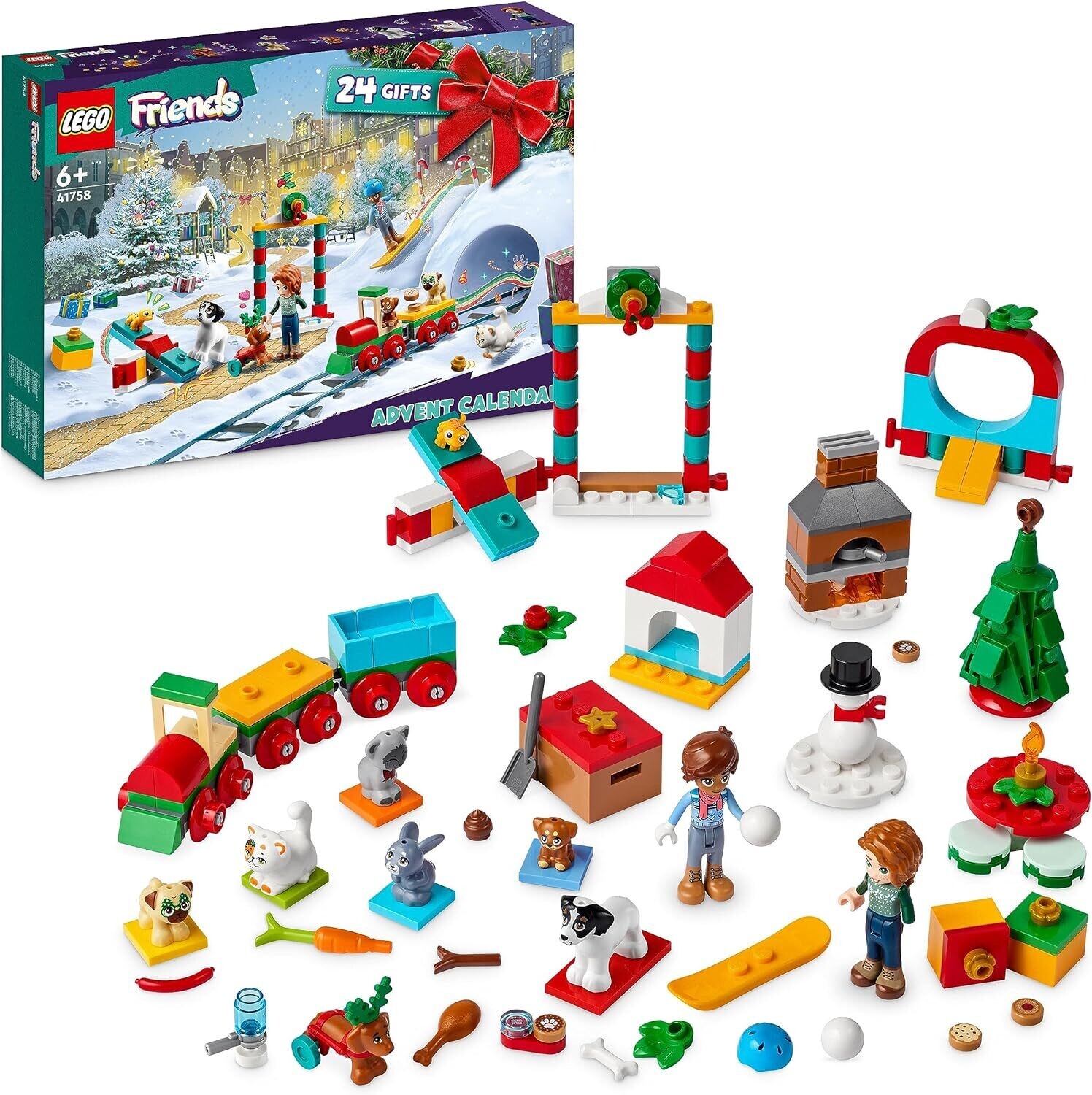 LEGO Friends Le Calendrier de l’Avent 2023, avec 24 Cadeaux Surprises Dont 8 Figurines d&#39;animaux, 2 Mini-Poupées et des Jouets Festifs, Cadeau de Noël