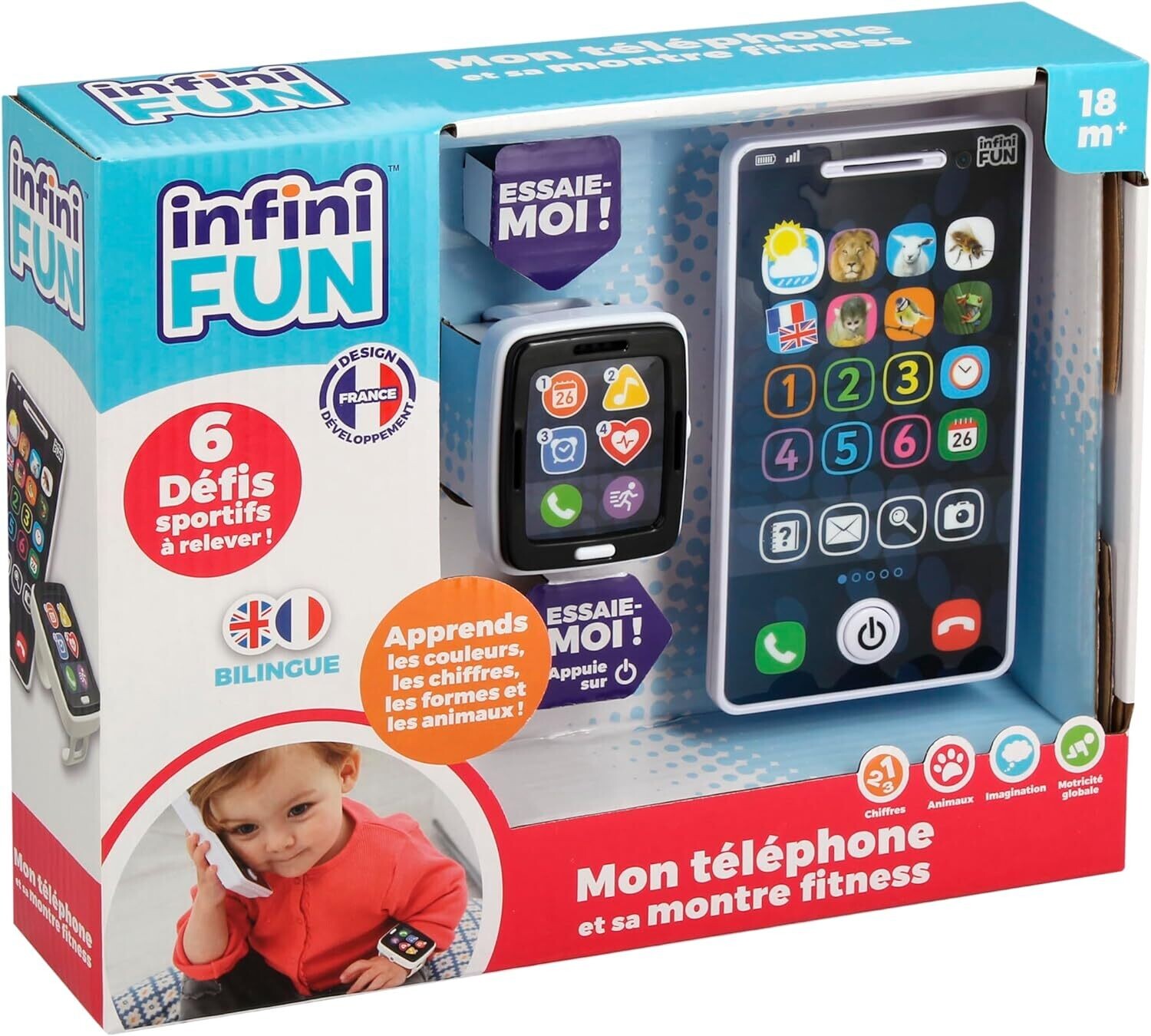Infini Fun - Mon téléphone et sa montre fitness - La première montre fitness &amp; téléphone bilingue Français/Anglais d’imitation pour les tout-petits - Jouet d&#39;imitation multi-apprentissages dès 18 mois