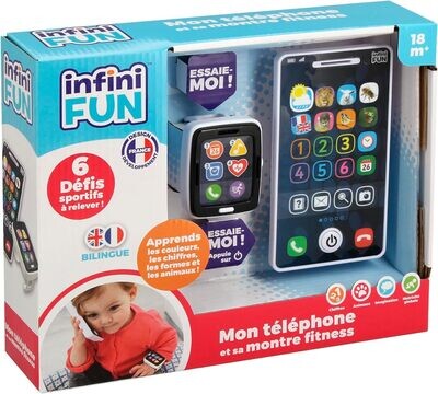 Infini Fun - Mon téléphone et sa montre fitness - La première montre fitness &amp; téléphone bilingue Français/Anglais d’imitation pour les tout-petits - Jouet d&#39;imitation multi-apprentissages dès 18 mois
