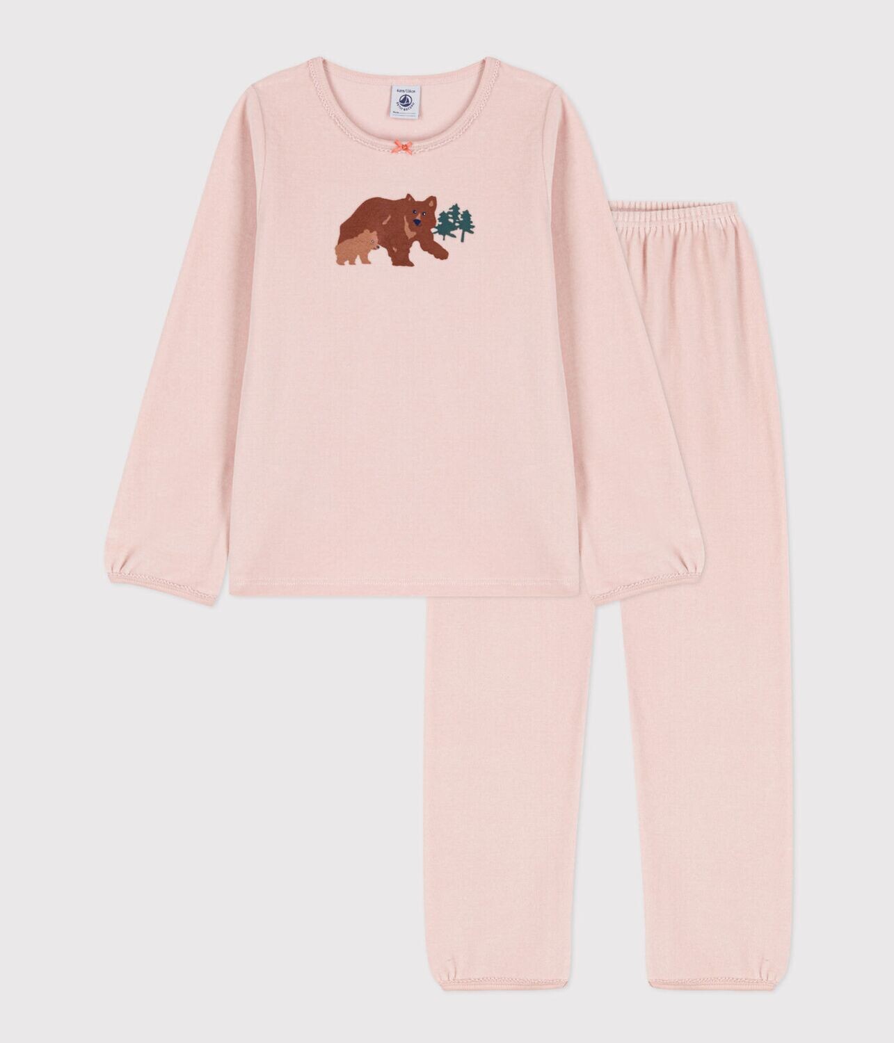 Pyjama petite fille en velours rose imprimé ours et ourson Petit Bateau
