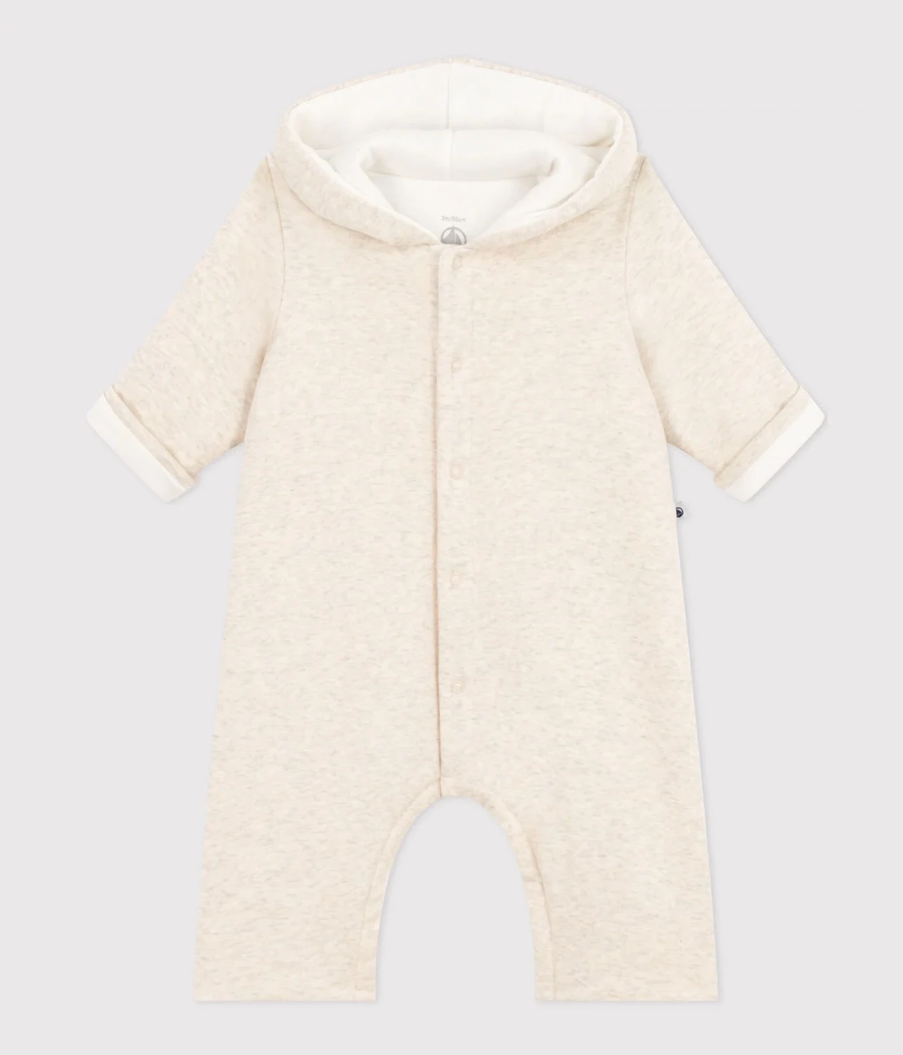 Combinaison longue ouatinée à capuche en coton molletonnée beige bébé Petit Bateau, avec capuchon
