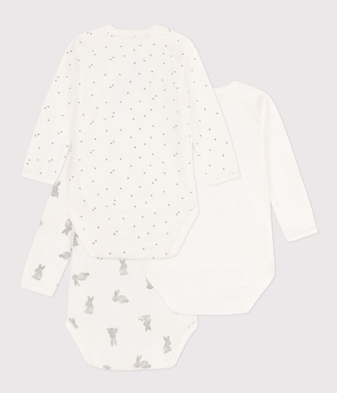 Lot de 3 bodies (body) croisés manches longues lapins en coton Petit Bateau