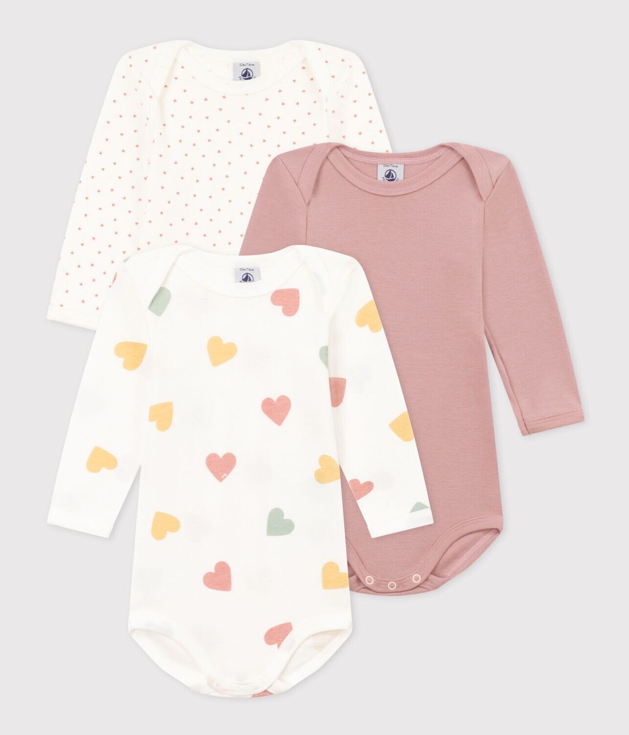 Lot de 3 bodies (body) manches longues coeurs bébé en coton Petit Bateau