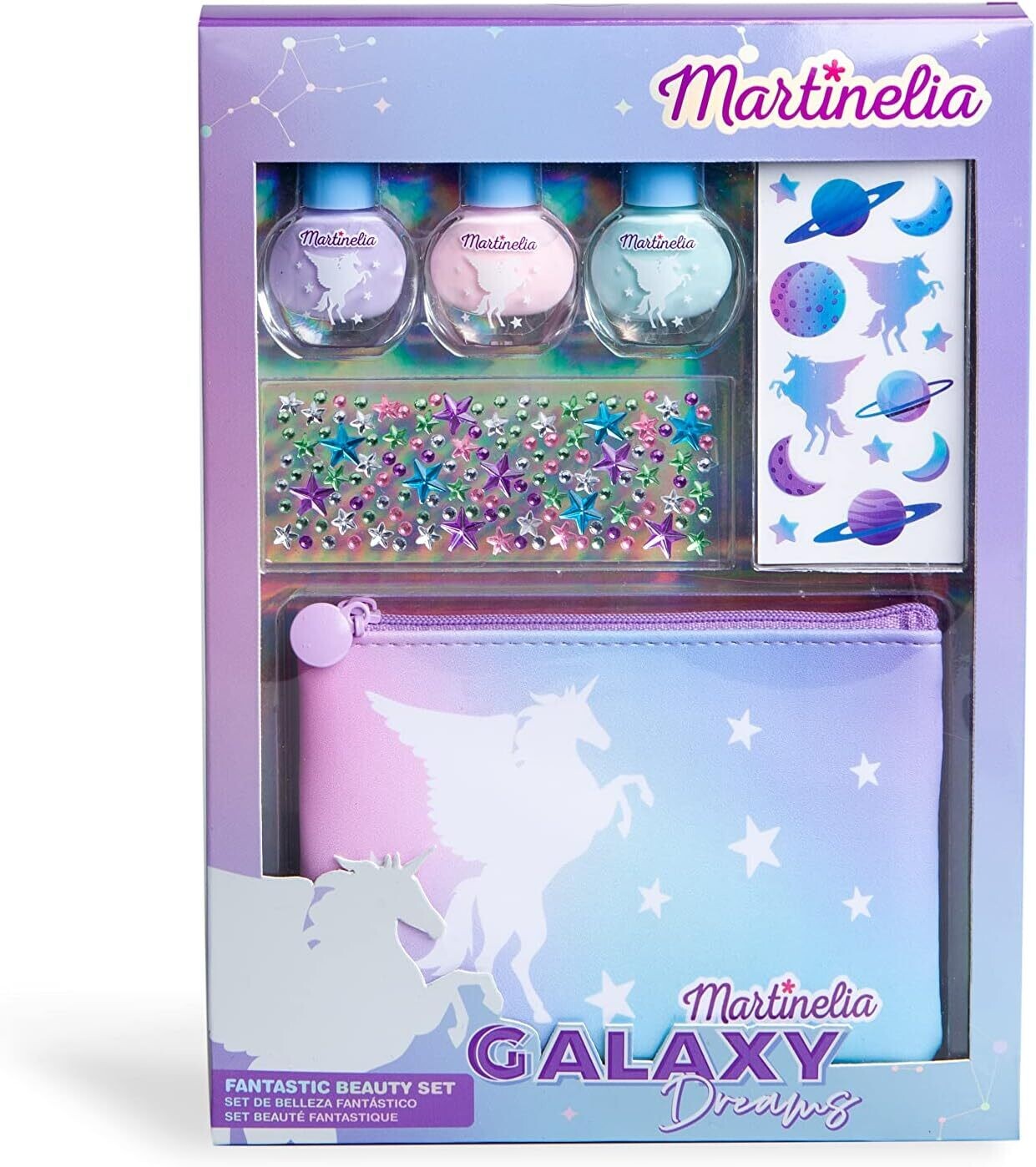 Martinelia Ensemble Vernis à Ongles Enfant Pastels Galaxy Dreams + Trousse  de Maquillage Licorne - Kit Manucure
