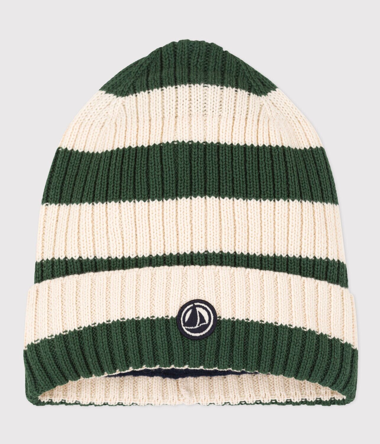 Bonnet rayé en tricot doublé en polaire enfant garçon-fille Petit Bateau couleur vert et écru, avoriaz/avalanche