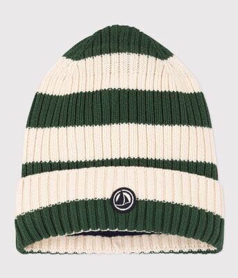 Bonnet rayé en tricot doublé en polaire enfant garçon-fille Petit Bateau couleur vert et écru, avoriaz/avalanche