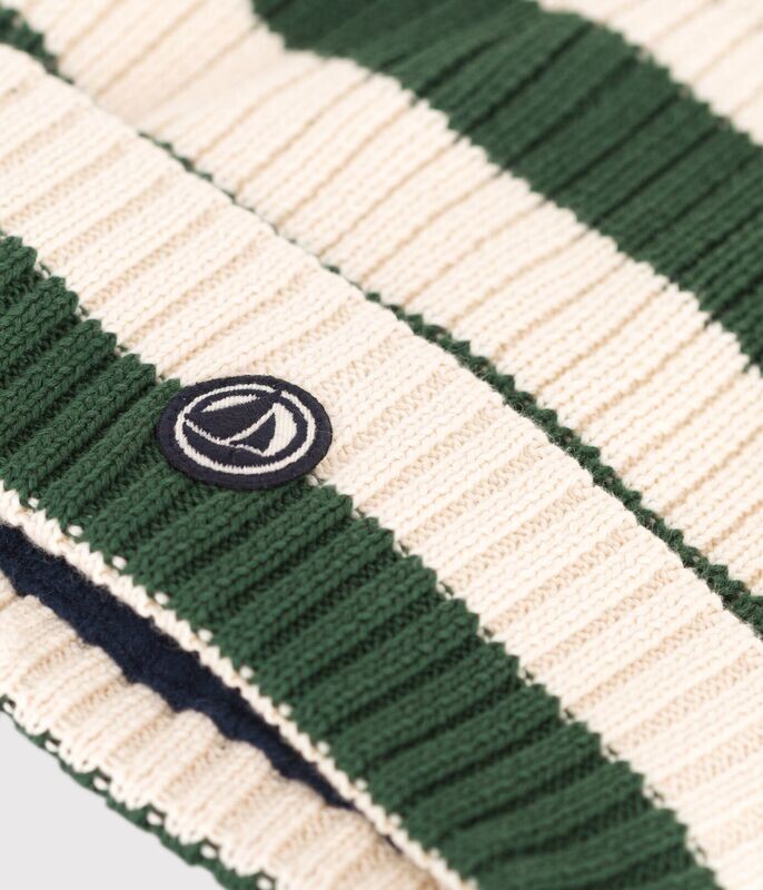 Bonnet rayé en tricot doublé en polaire enfant garçon-fille Petit Bateau couleur vert et écru, avoriaz/avalanche