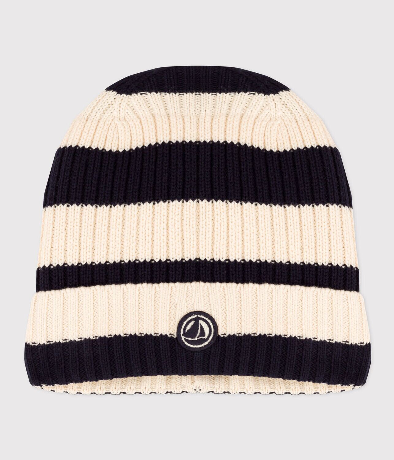 Bonnet rayé en tricot doublé en polaire enfant garçon-fille Petit Bateau couleur marine et écru, smoking/avalanche