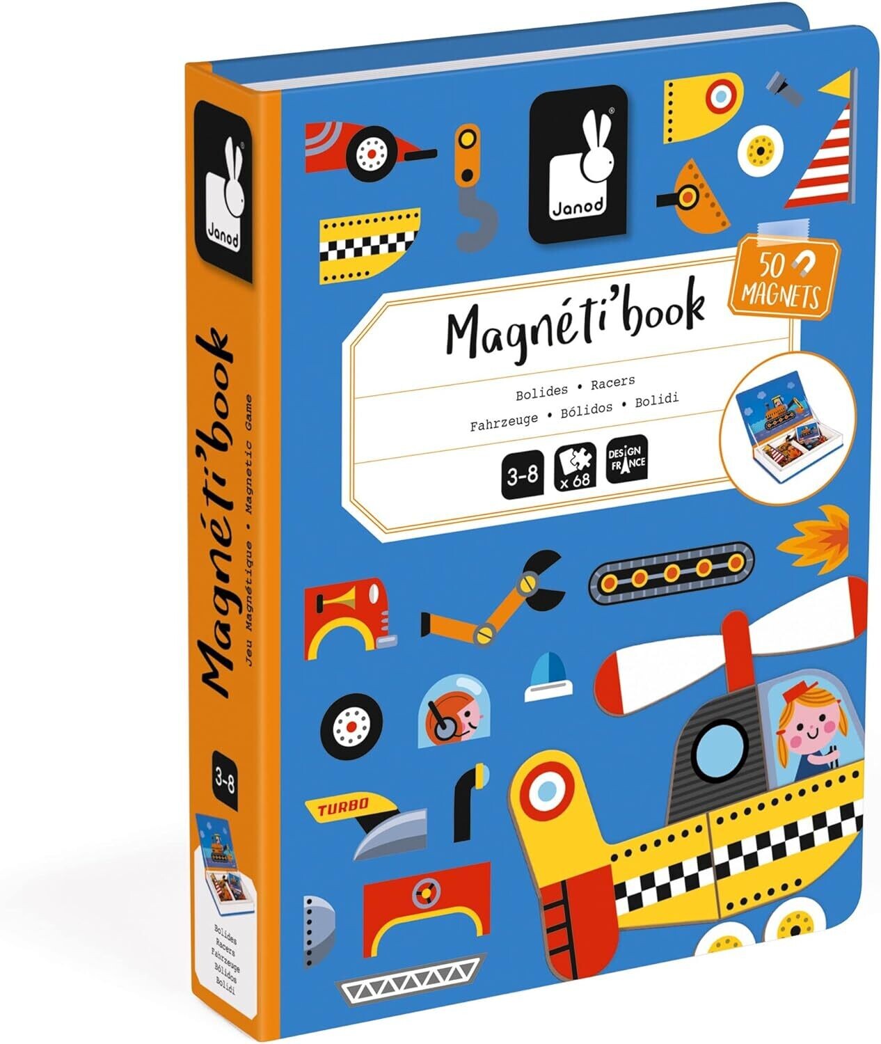 Janod - Magneti&#39;Book Bolides - Jeu Educatif livre magnétique 50 Pièces - Apprentissage Motricité Fine et Imagination - Dès 3 Ans