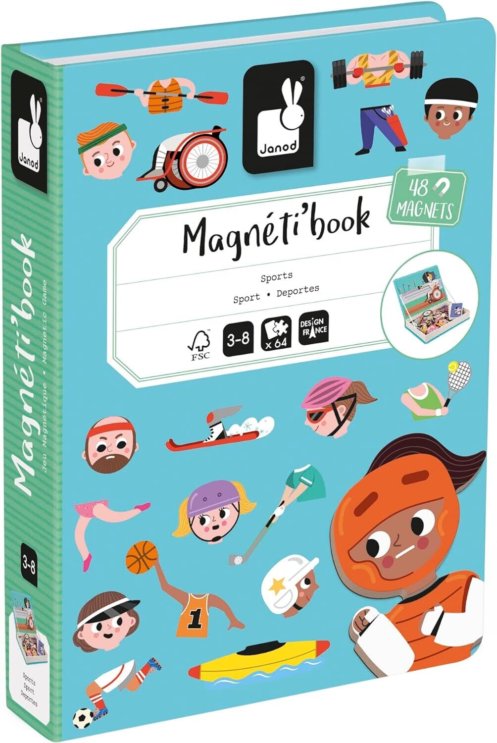JANOD- Magnetic Educational Game Magnéti'Book Sports-Jeu Educatif livre magnétique 48 Aimants + 16 Cartes Modèles-Jouet Enfant en Carton FSC-Dès 3 Ans