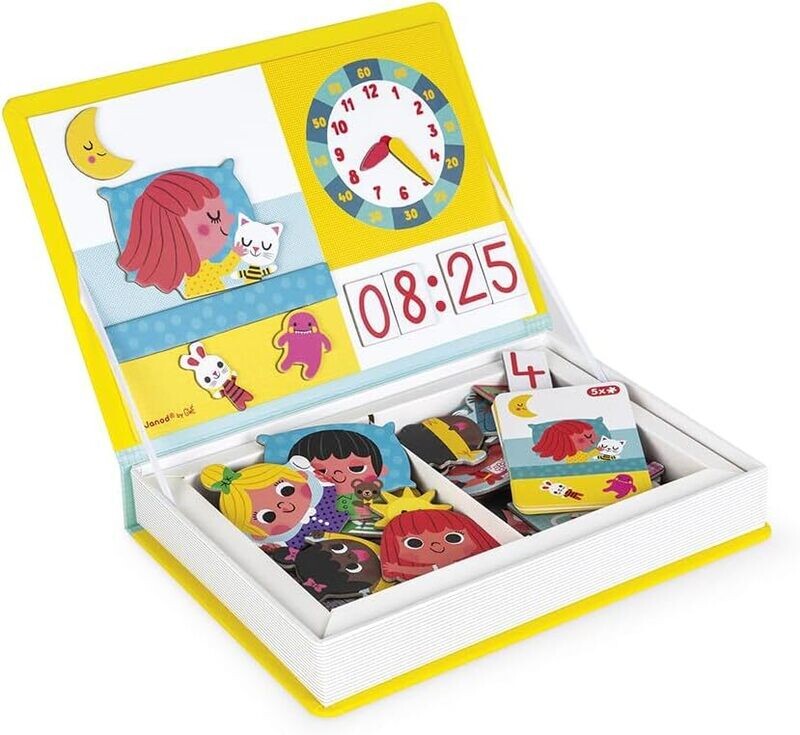 Janod - Magneti'Book J'apprends l'heure - Jeu Educatif livre magnétique 75 Pièces - Apprentissage Motricité Fine et Imagination - Dès 3 Ans