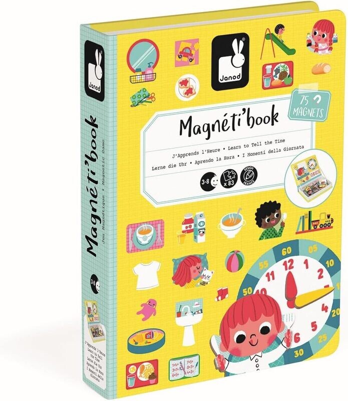 Janod - Magneti'Book J'apprends l'heure - Jeu Educatif livre magnétique 75 Pièces - Apprentissage Motricité Fine et Imagination - Dès 3 Ans
