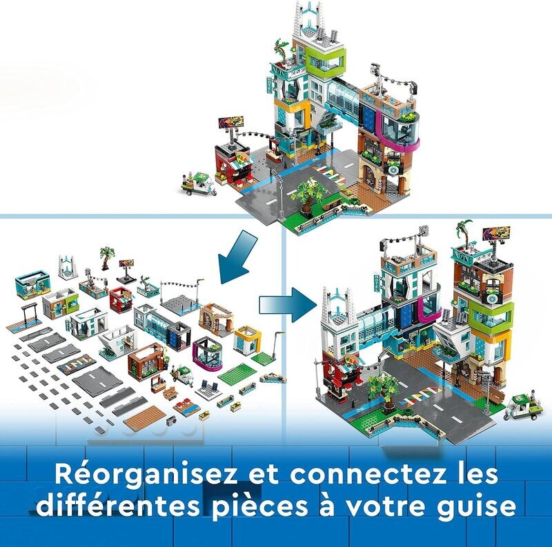 LEGO 60380 City Le Centre-Ville, Jouet de Construction de Maquettes avec Salon de Coiffure, Vétérinaire, Hôtel et Discothèque avec Minifigurines et Plaques de Route, 8-99 Ans
