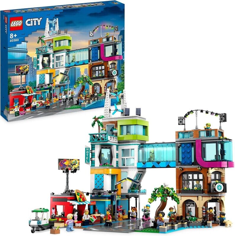 LEGO 60380 City Le Centre-Ville, Jouet de Construction de Maquettes avec Salon de Coiffure, Vétérinaire, Hôtel et Discothèque avec Minifigurines et Plaques de Route, 8-99 Ans