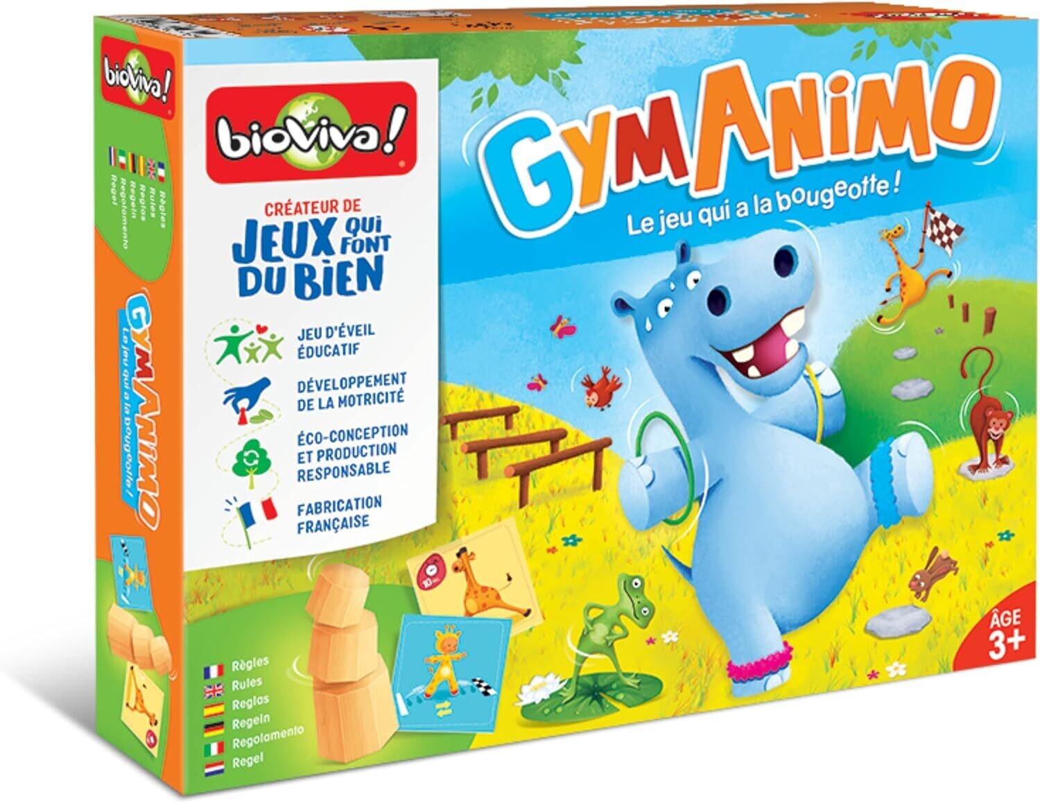 Bioviva – Gym Animo - Sautez comme le kangourou, marchez à pas d’éléphant, imitez le papillon… - Jeu de plateau - Collection jeux d’éveil - 2 à 4 joueurs – 3 ans - Fabriqué en France