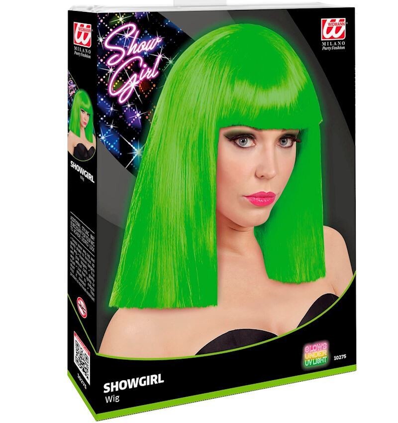 Perruque Show girl verte fluo néon, coupe à la &quot;Sia&quot; avec frange, pour carnaval, soirée déguisée, etc.
