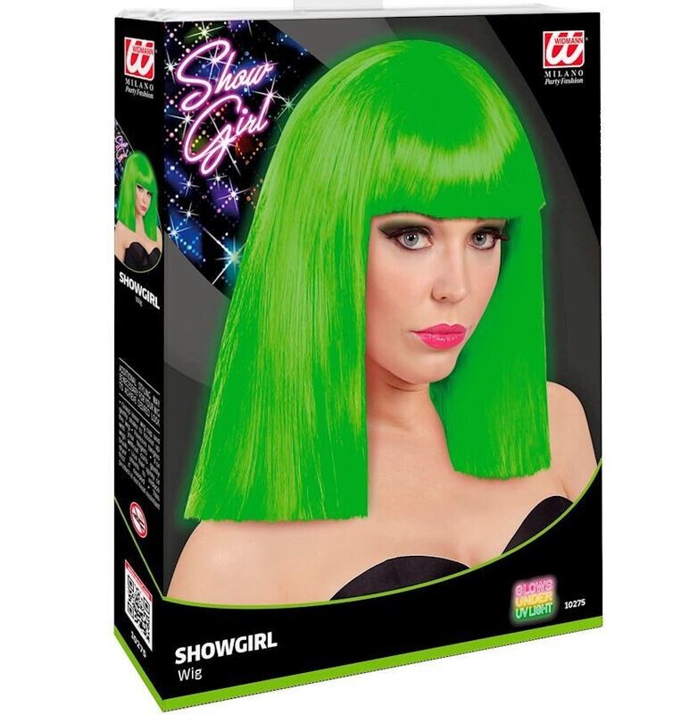 Perruque Show girl verte fluo néon, coupe à la "Sia" avec frange, pour carnaval, soirée déguisée, etc.
