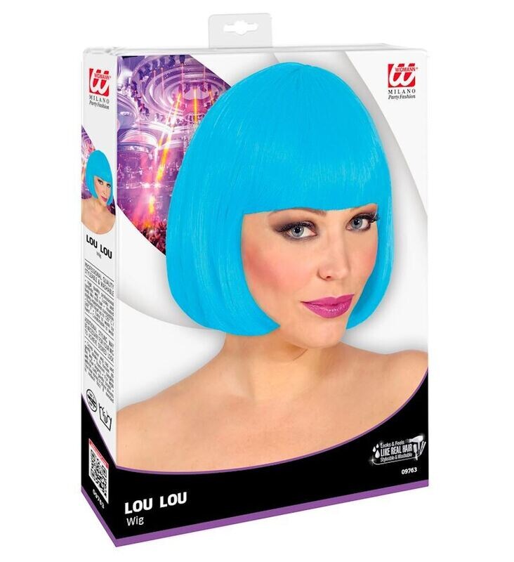 Perruque Lou Lou bleue claire, coupe au carré avec frange, pour carnaval, soirée déguisée, etc.