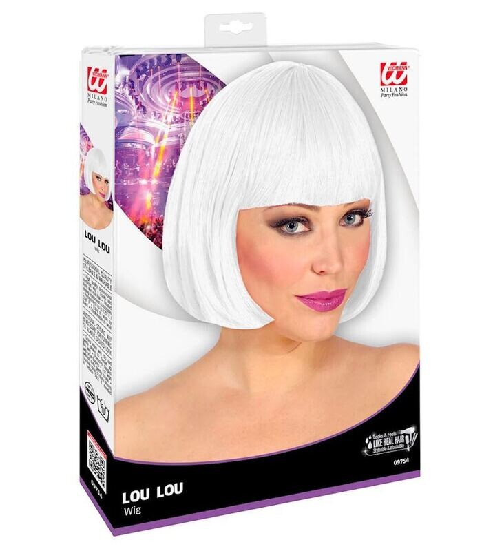 Perruque Lou Lou blanche, coupe au carré avec frange, pour carnaval, soirée déguisée, etc.