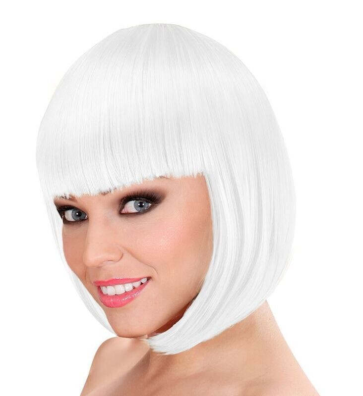 Perruque Lou Lou blanche, coupe au carré avec frange, pour carnaval, soirée déguisée, etc.