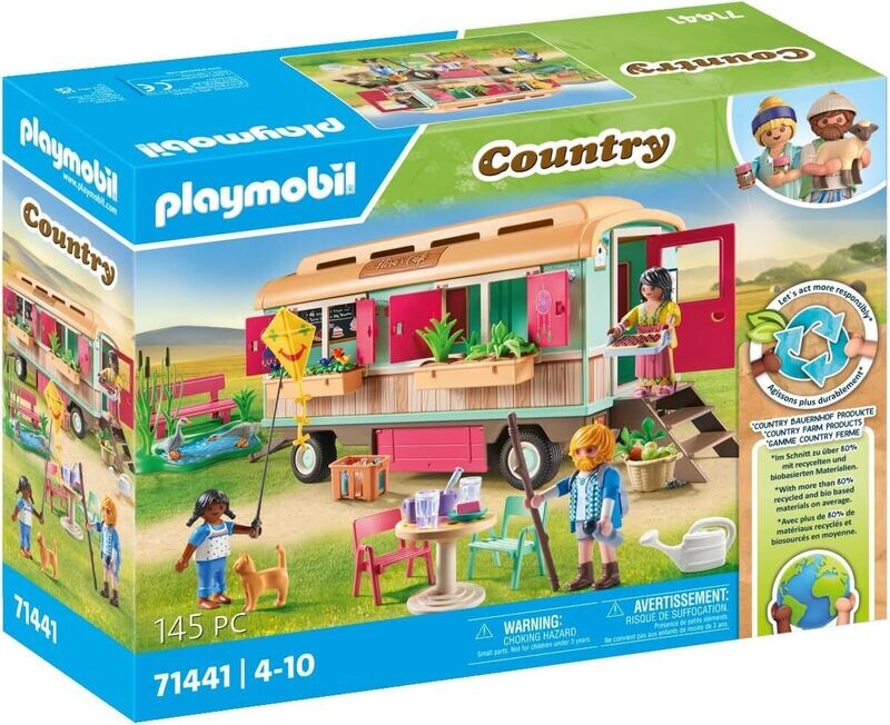 Playmobil 71441 Roulotte café Boutique - Country - avec 4 Animaux et 3 Personnages - Jouet fabriqué avec Plus de 80% de matériaux recyclés ou biosourcés en Moyenne. Dès 4 Ans