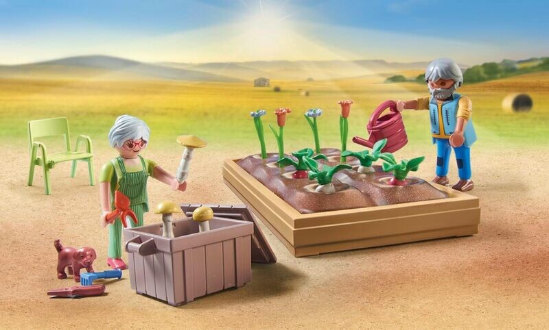 Playmobil 71443 Grands-Parents et Potager - Country - avec 2 Animaux et 3 Personnages - Jouet fabriqué avec Plus de 80% de matériaux recyclés ou biosourcés en Moyenne. Dès 4 Ans