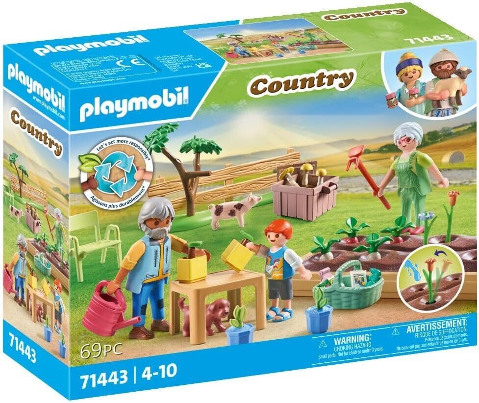 Playmobil 71443 Grands-Parents et Potager - Country - avec 2 Animaux et 3 Personnages - Jouet fabriqué avec Plus de 80% de matériaux recyclés ou biosourcés en Moyenne. Dès 4 Ans