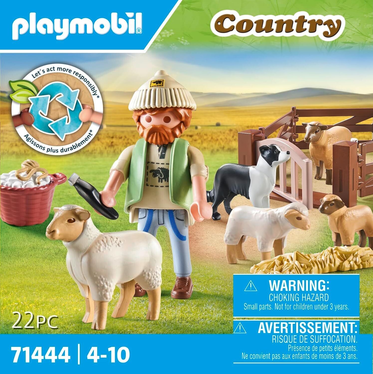 Playmobil 71444 Berger avec Moutons - Country - avec 5 Animaux et 1 Personnage - Jouet fabriqué avec Plus de 80% de matériaux recyclés ou biosourcés en Moyenne. Dès 4 Ans