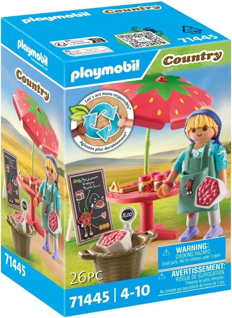 Playmobil 71445 Vendeuse de confitures - Country - avec Un Personnage, Un Parasol Fraise et des confitures - avec Plus de 80% de matériaux biosourcés et recyclés en Moyenne - Dès 4 Ans