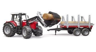 BRUDER Tracteur Massey Ferguson 7480 avec fourche et remorque de transport de bois