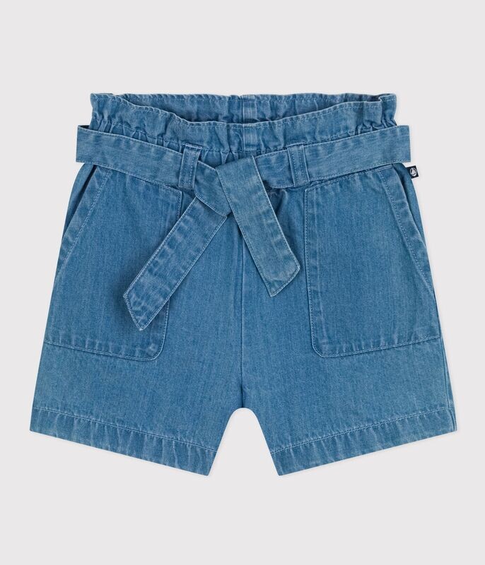 Petit Bateau Short en jeans denim avec taille élastique et ceinture