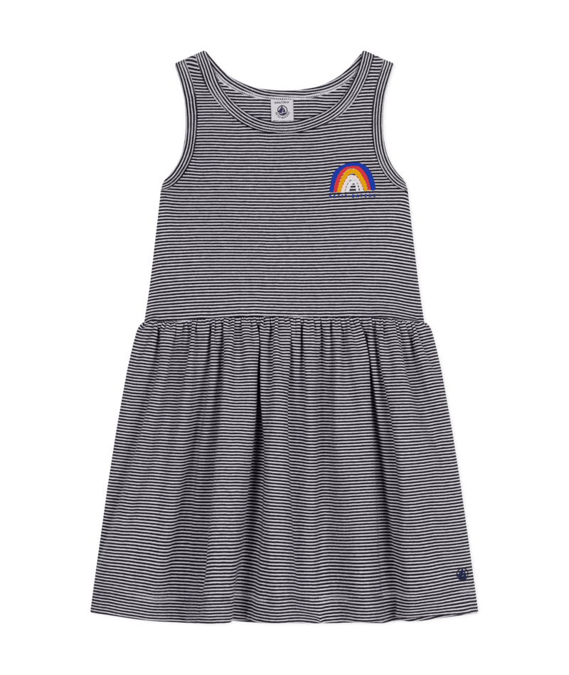 Petit Bateau Robe de plage et d&#39;été sans manches en jersey rayé marine smoking, imprimé arc-en-ciel