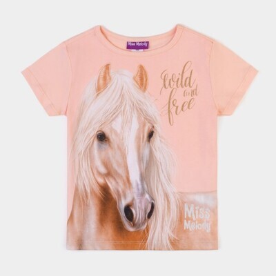 T-shirt couleur orange saumon sérigraphié cheval Miss Melody, Wild and Free