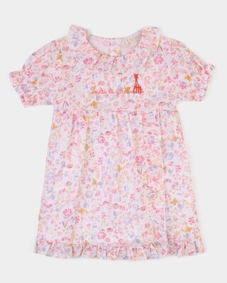 Robe fleuri brodé Sophie la Girafe couleur corail avec col claudine à volant