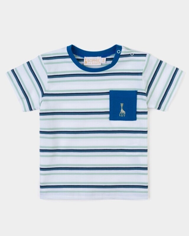 T-shirt rayé bleu pétrole et vert avec poche, brodé Sophie la Girafe
