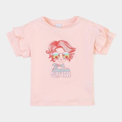 T-shirt couleur saumoné sérigraphié fille à lunettes de soleil Surf Babe