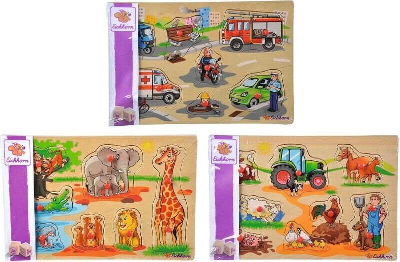 Puzzle en bois, 3 modèles assortis, animaux de la savane et véhicules