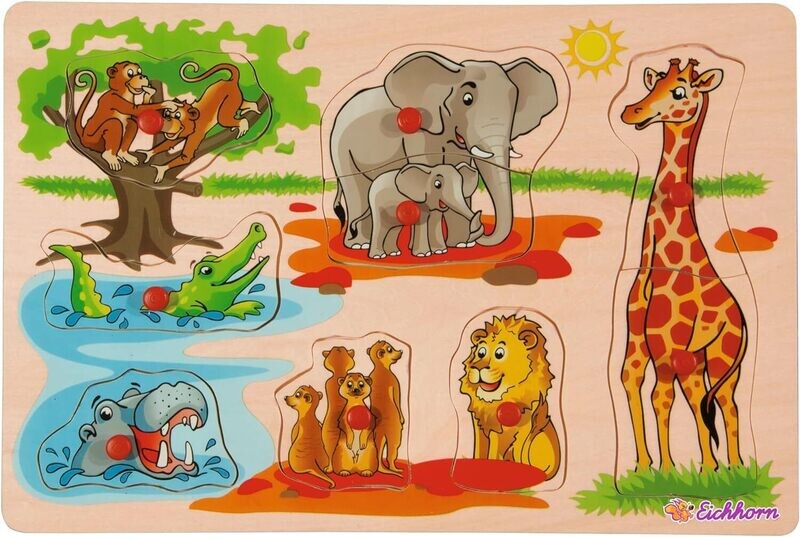 Puzzle en bois, 3 modèles assortis, animaux de la savane et véhicules