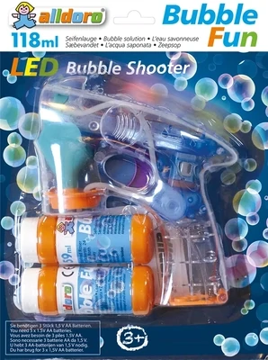 Pistolet à bulles LED feux clignotants, avec 2 flacons de liquide à bulles