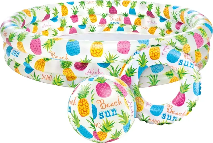 Kit piscine Ananas 3 pièces. piscine 132x28 cm, bouée, ballon de plage, dès 2 ans